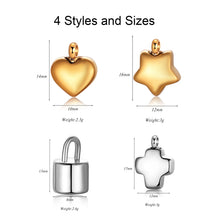 Colgante de mini urna de cremación de acero inoxidable con forma de corazón/cruz/estrella/candado para collar/pulsera, joyería conmemorativa al por mayor