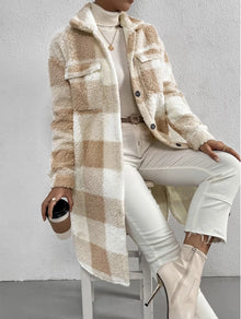 Women Long Plaid Fleece Sweatshirt Coat Autumn Winter Turn Down Collar Long Sleeve Pocket Button Loose Flurry X-Long Trench Coat