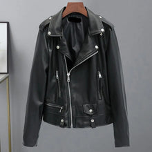Chaqueta de mujer de piel sintética con cuello vuelto, cierre de cremallera, manga larga, estilo motero, ideal para viajes y uso diario.