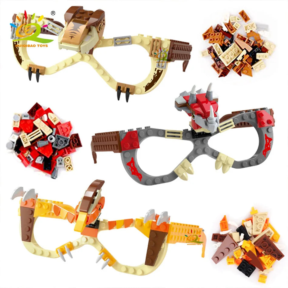HUIQIBAO Dinosaur Building Blocks Glasses Baseplate Frame Friends Police City DIY Toys Glasses Bricks Kid Christmas Gift Party