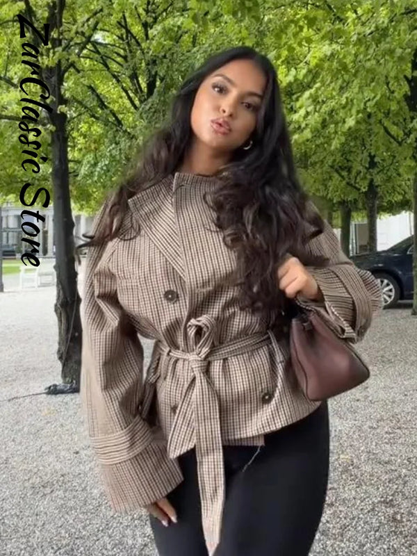 Gabardina corta a cuadros vintage para mujer, estilo casual y elegante, con solapa, lazo en la cintura y manga larga, cortavientos de otoño, nuevo chic 2026