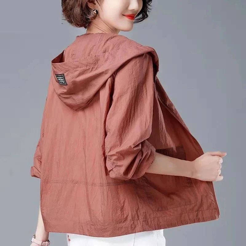 Abrigo ligero, corto y holgado para mujer, transpirable con protección solar, talla grande, cómodo, tipo gabardina, prenda exterior para verano y otoño