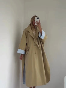 Oversized Stand Collar Long Trench Coat Women Single Button Loose Wide Sleeve Minimalist Windbreaker Luxury Casual Outerwear New