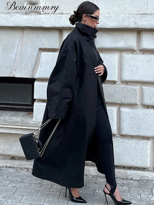 Women Black Long Solid Color Trench Coat Stand Collar Loose Drop Shoulder Single-breasted Windbreaker Lady Commute Outing Wear