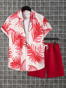 New Coconut Tree Print Men's Set Loose-Fit Hawaiian Short-Sleeve Shirt & Shorts Two-Piece Set Men Premium Fashion Streetwear Set