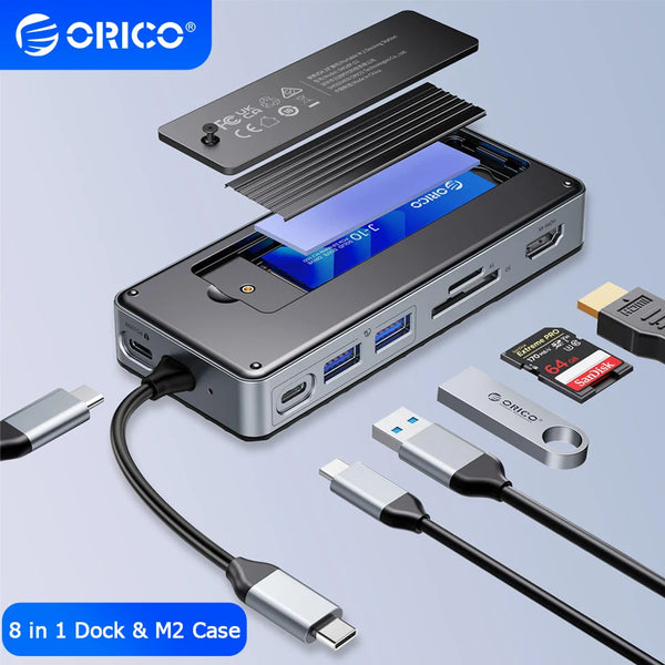 ORICO 8 in 1 USB Hub Type C Docking Station Splitter Multi Port Socket Adapter M.2 SSD Enclosure NVMe Case PC Laptop Accessories