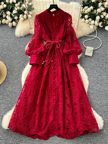 Spring Autumn French High-end Women's Dress New Lace Embroidery V-neck Lantern Sleeves Single Breasted Party Birthday Dress C192
