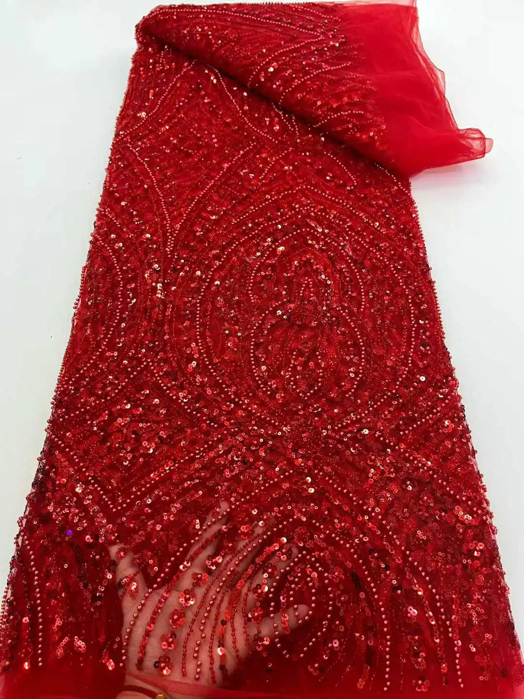 Orange Luxury African Sequins Lace Fabric 2025 High Quality French Nigerian Groom Beaded Lace Fabric For Sewing Dress