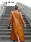 Brown Crocodile Embossed Faux Leather Trench Coat Lapel Single Breasted Straight Front Pockets Women Autumn Winter Fit Jackets
