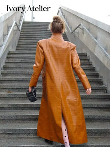 Brown Crocodile Embossed Faux Leather Trench Coat Lapel Single Breasted Straight Front Pockets Women Autumn Winter Fit Jackets
