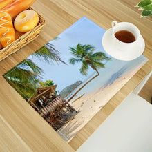 Beach Landscape Coconut Trees Print Linen Dining Table Mats Alphabet Kitchen Placemat 30X40cm Coasters Pads Bowl Cup Mat