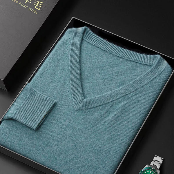 Suéter de punto básico con cuello en V para hombre, 100% lana merino, versátil, para otoño e invierno, camisa informal de manga larga, top de cachemir para hombre