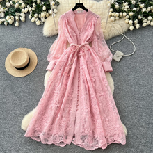 Spring Autumn French High-end Women's Dress New Lace Embroidery V-neck Lantern Sleeves Single Breasted Party Birthday Dress C192
