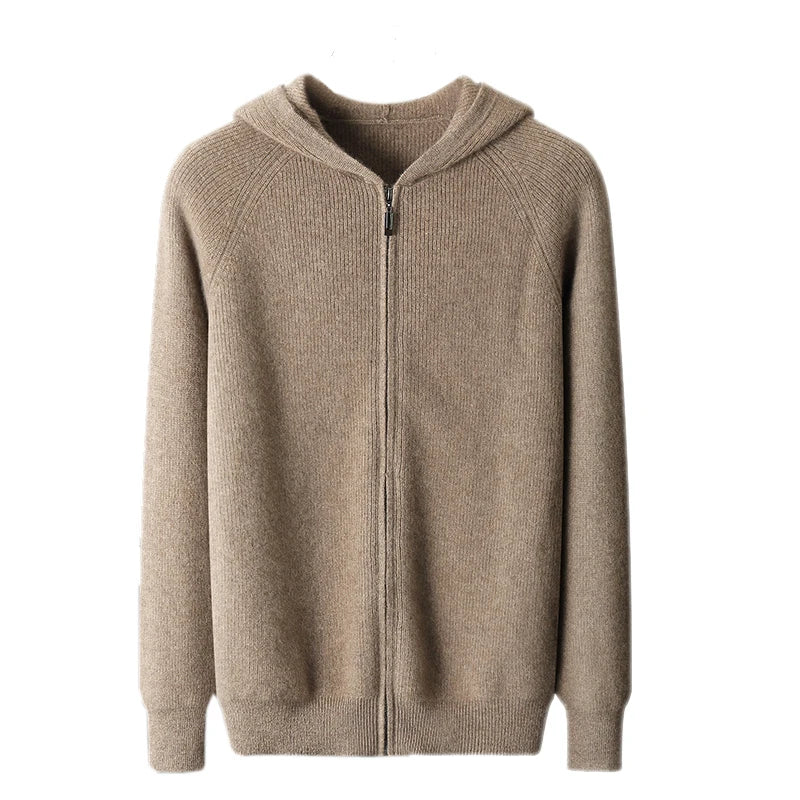 Autumn and Winter 100% Pure Cashmere Cardigan Men's Hoodie Zipper Thick Sweater Loose Plus Size Wool Knitted Sweater Coat
