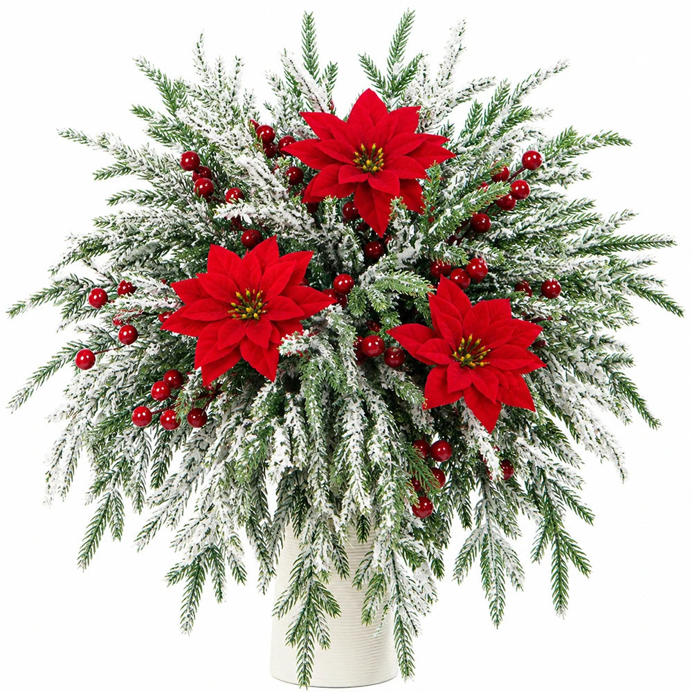 Christmas Decorations DIY 18PCS Artificial Pine Needles Red Berry Poinsettia Flowers for Winter Festival Home Party Wreath Decor
