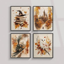 4pcs/set Autumn Leaves Canvas Prints Poster Retro Magic Book Owl Train Aesthetics Art Prints Bedroom Fall Home Decor Art Poster