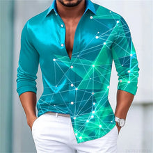 Men's trendy geometric line print long-sleeved shirt. Fashionable slim black technology-style shirt. Popular men's shirt.