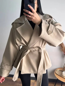 Women Short Wool Blend Trench Coat Lapel Collar Belted Waist Wrap Long Sleeve Loose Overcoat Casual Autumn Winter Lady Jackets