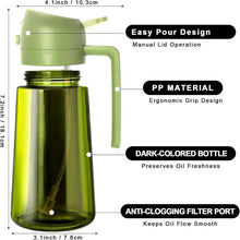 Dispensador de aceite de oliva, pulverizador 2 en 1 para cocinar (rocío y vertido), botella de aceite de vidrio verde oscuro con pegatinas, pulverizador de aceite de 470 ml/16 oz