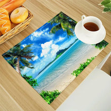 Beach Landscape Coconut Trees Print Linen Dining Table Mats Alphabet Kitchen Placemat 30X40cm Coasters Pads Bowl Cup Mat