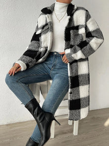 Women Long Plaid Fleece Sweatshirt Coat Autumn Winter Turn Down Collar Long Sleeve Pocket Button Loose Flurry X-Long Trench Coat