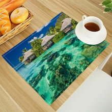 Beach Landscape Coconut Trees Print Linen Dining Table Mats Alphabet Kitchen Placemat 30X40cm Coasters Pads Bowl Cup Mat
