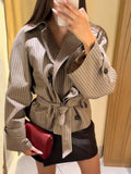 Plaid Cropped Trench Coat Lapel Collar Double Breasted Belted Waist Long Sleeve Women All-match Coats 2026 Autumn Commute Outfit