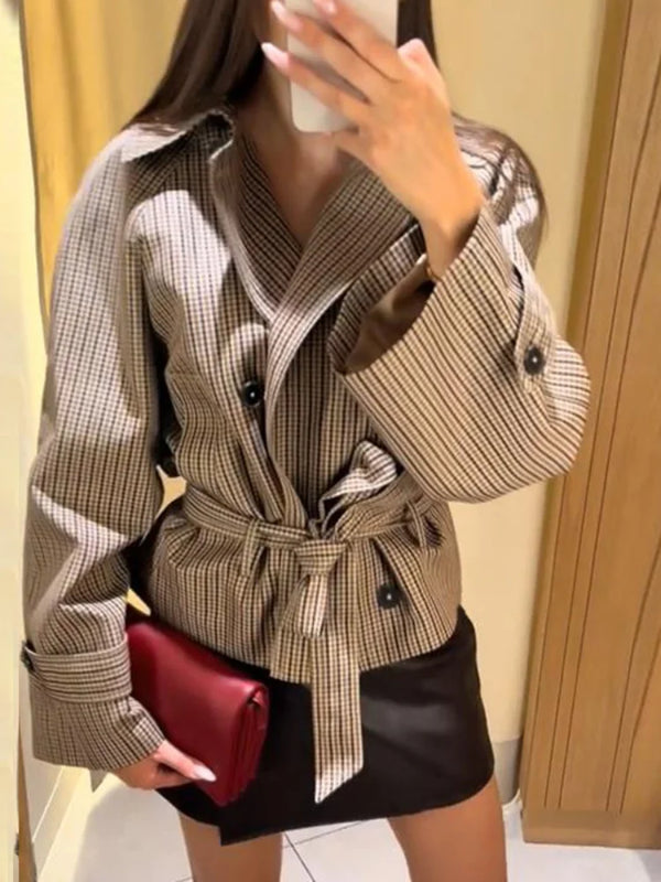 Gabardina corta a cuadros con solapa, doble botonadura, cinturón en la cintura, manga larga, abrigo versátil para mujer, conjunto para ir a trabajar, otoño 2026