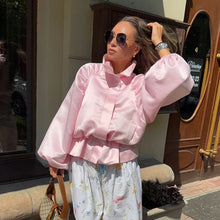 Shiny Fabric Jacket High Stand Collar Oversized Puff Sleeve Drawstring Cropped Hem 2026 Autumn Fashion Daily Lady Sweet Jacket