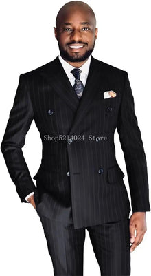 Men's Pinstripe Suit 2-Piece Set Double Breasted Business Casual Wedding Party Suit