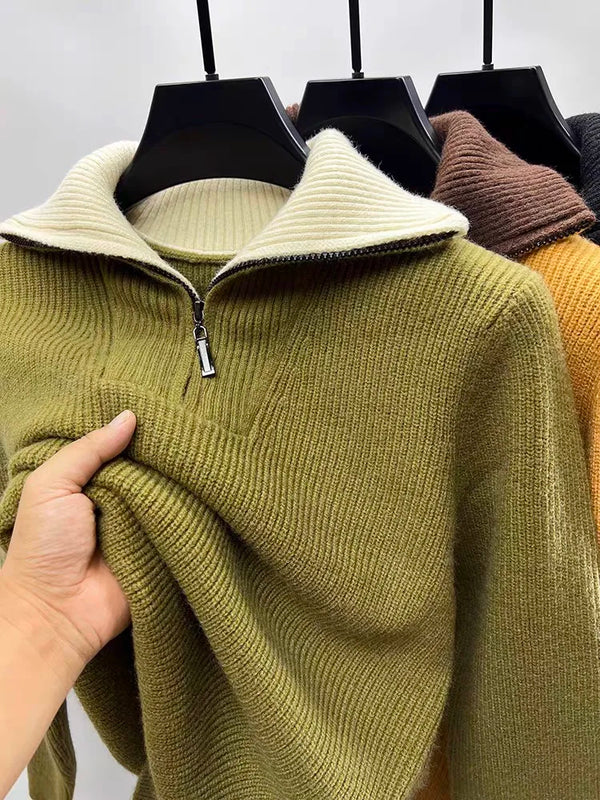Suéter de punto con cuello medio alto y cremallera para hombre, estilo coreano, casual, de color sólido, grueso y cálido para otoño e invierno