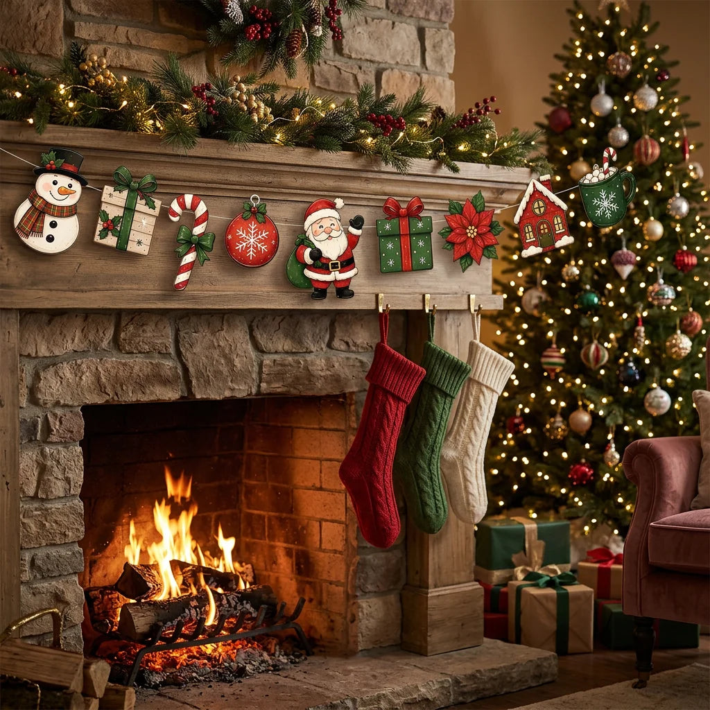 Merry Christmas Banner Garland Cartoon Santa Snowman Poinsettia Candy Cane Ornament Bunting Xmas Wall Hanging Home Decor