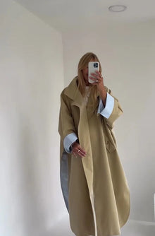 Women 2026 Khaki Long Color-Block Stripe Trench Coat Wide Lapel Loose Drop Shoulder Blue Lining Slit  Coat Commute Outing wear