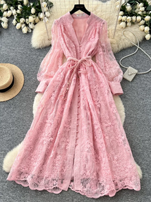 Spring Autumn French High-end Women's Dress New Lace Embroidery V-neck Lantern Sleeves Single Breasted Party Birthday Dress C192