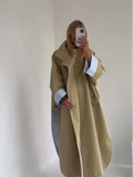 Women 2026 Khaki Long Color-Block Stripe Trench Coat Wide Lapel Loose Drop Shoulder Blue Lining Slit  Coat Commute Outing wear