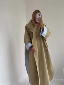 Women 2026 Khaki Long Color-Block Stripe Trench Coat Wide Lapel Loose Drop Shoulder Blue Lining Slit  Coat Commute Outing wear
